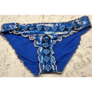 BECCA Frills Ruffle Cheeky Hipster Bikini Bottom Ocean Blue Seashells Small